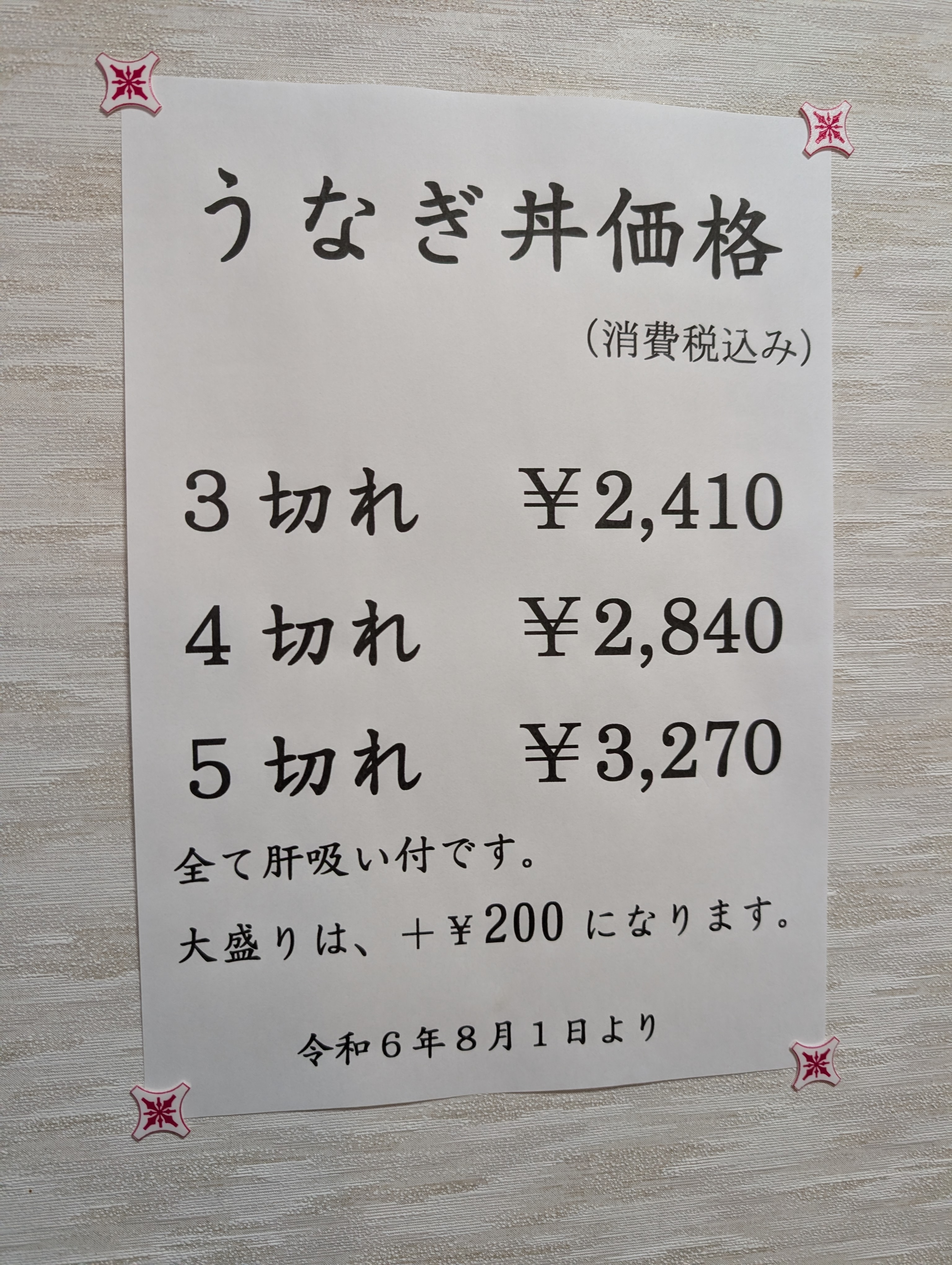 中六のうなぎ丼の価格表