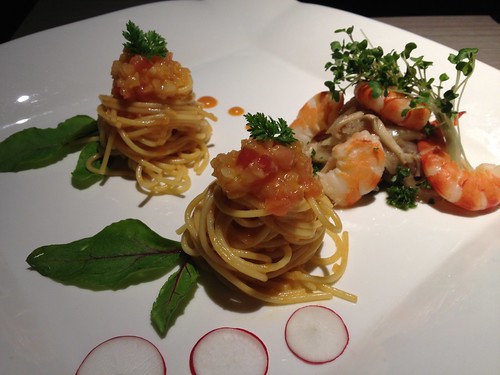 アメリケーヌの冷製パスタ&すりおろしソースと姫海老の旬風漬け水想